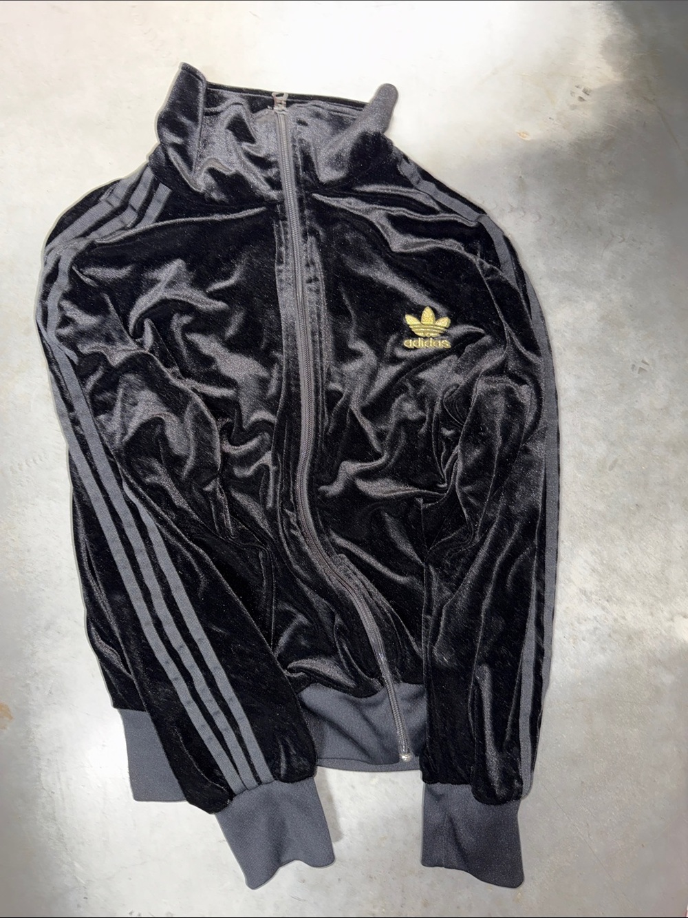 adidas Black Velour Track Jacket with Gold Trefoil